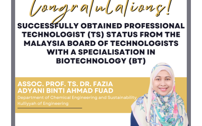 Dr. Fazia Obtained Professional Technologist (Ts.) Title from Malaysia Board of Technologist